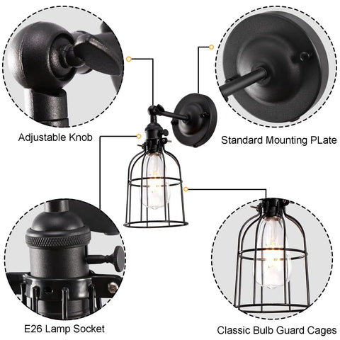 Industrial Edison Style Wire Cage Wall Sconce with Black Finish, E26 Socket, adjustable knob, classic bulb guard cages