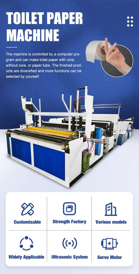 Level Up Your Tissue Business Game With This Rock Solid Heavy Duty Commercial Toilet Paper Rewinder Machine And Complete Production Line showing a toilet paper machine for customizable roll production.