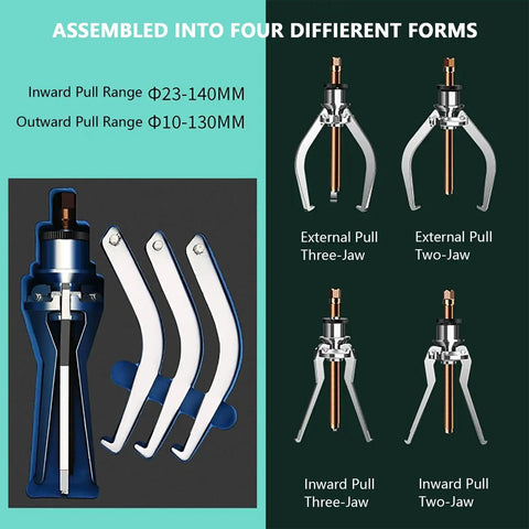 Pro Reversible Gear Puller Set Handles 2 Jaw 3 Jaw Options Internal External Bearings Smooth Heavy Steel Stops Breakage Saves Time On Tough Jobs Engine Repair Letting You Pop Parts Off Easily So You Stay Safe And Enjoy Garage Work Done Today. 23-140mm reversible puller set shown in 4 forms