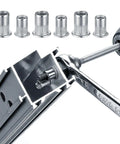 Heavy Duty M5 Rivet Nut Kit, Top Tier Stainless Steel Threaded Inserts With Knurled Grip, showing installation process in metal.