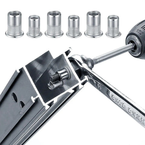 Heavy Duty M5 Rivet Nut Kit, Top Tier Stainless Steel Threaded Inserts With Knurled Grip, showing installation process in metal.
