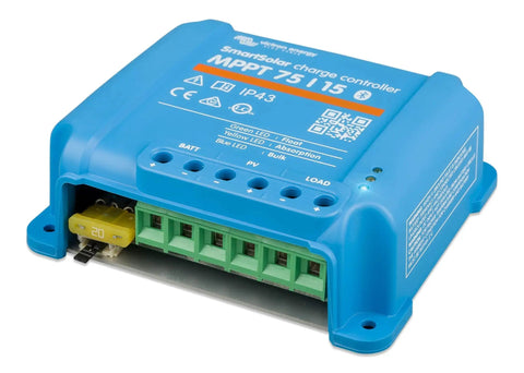 SmartSolar MPPT Bluetooth Solar Charge Controller For 75V 15A 12/24V Panels, blue compact design, front connector view