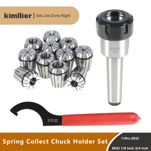ER32 MT3 Spring Collet Chuck Holder Set with Eleven Collets from One Eighth to Three Quarters Inch and Wrench for CNC Milling Lathe