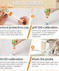 Instructions for calibrating Digital pH Tester for Food with Spear Probe showing steps 1 to 4 with images.