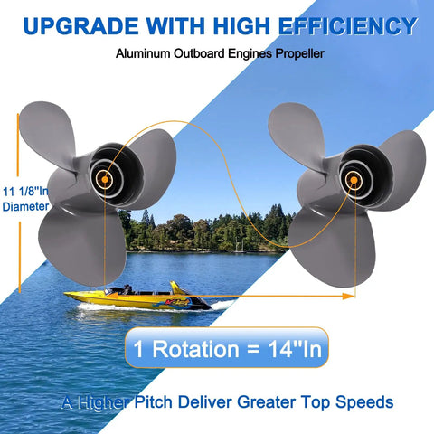 Aluminum Outboard Boat Propeller For 35 To 60 HP Motors Three Blade Right Hand Rotation Gearcase Thirteen Spline Diameter Eleven And One Eighth Inches Pitch Fourteen Inches propeller with watercraft