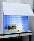 Professional Grade High Density Desktop Sound Insulation Board And Portable Microphone Noise Isolator Cube with laptop in vocal booth.