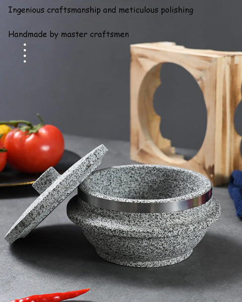 Dolsot Style Granite Stone Bowl With Lid 14 Cm Retains Heat for Bibimbap Soups Stews Hot Pot and Rice, with Wooden Holder