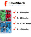 FiberShack fiber optic coupler kit in a snap-lock case with 8 ST, 5 SC, 5 SC/APC and 8 LC connectors