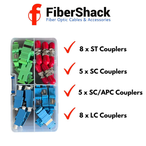 FiberShack fiber optic coupler kit in a snap-lock case with 8 ST, 5 SC, 5 SC/APC and 8 LC connectors