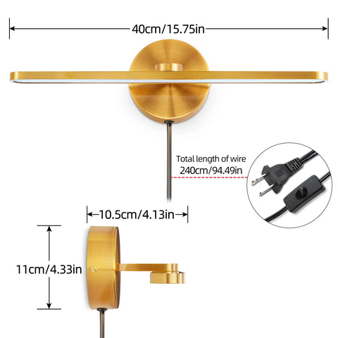 Plug In LED Wall Lamps For Vanity And Mirror, 16 Inch Modern Brass Indoor Wall Lighting Fixtures, side and front views