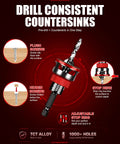 Hassle Free Premium Countersink Drill Bit Set With Adjustable Depth Stopper For Dead Nuts Flush Installs And Super Clean Woodworking Vibe Includes Versatile Nine Piece Quick Release Hex Shank Kit, featuring adjustable stop ring for flush drill precision.