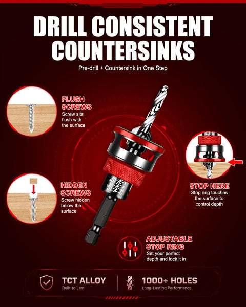 Hassle Free Premium Countersink Drill Bit Set With Adjustable Depth Stopper For Dead Nuts Flush Installs And Super Clean Woodworking Vibe Includes Versatile Nine Piece Quick Release Hex Shank Kit, featuring adjustable stop ring for flush drill precision.