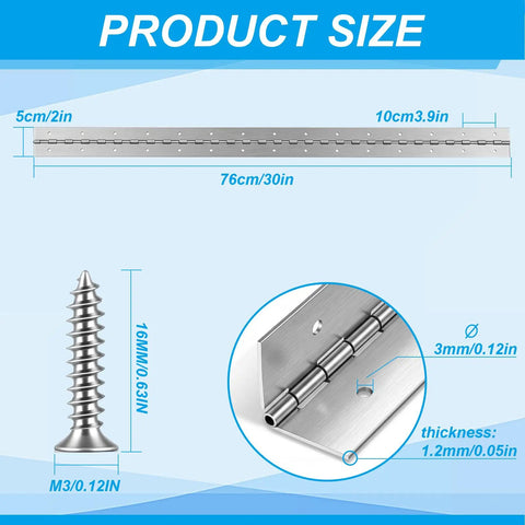 Heavy Hitter 30 Inch Piano Hinge 4 Pack 304 Stainless Steel Continuous Hinge dimensions and specifications on blue background.