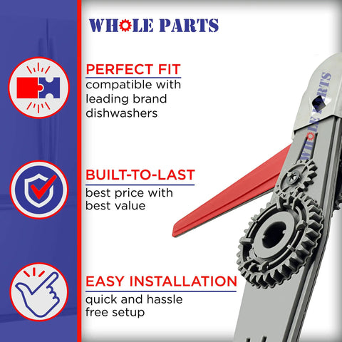 Lower Spray Arm Assembly W10195601 for Dishwashers Replacement Part, detailed view showing gears and no hassle installation features.