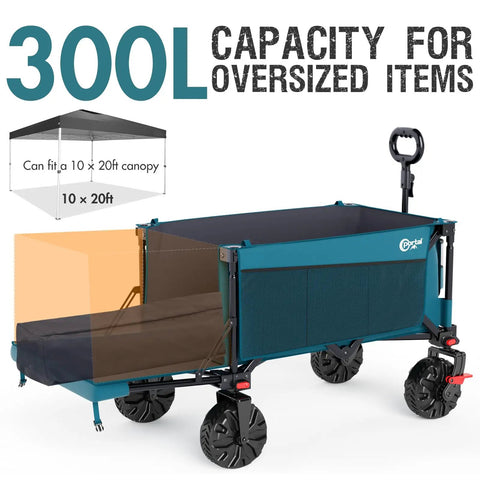 300L Heavy Duty Foldable Wagon With Tailgate And All Terrain Wheels, showing 300L capacity and oversized design