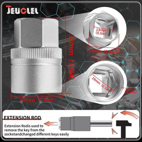 22 Piece Wheel Lock Nut Key Kit For BMW Vehicles showing socket dimensions and extension rod details