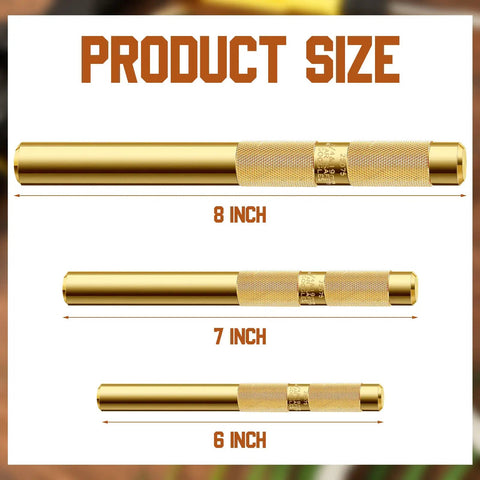 Brass Drift Punch Set, 3 Piece, Three Sizes Three Quarter Inch, One Half Inch, and Three Eighth Inch, shown in 8, 7, 6 inch lengths