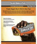 Silver Gorilla Tape packaging showing double-thick adhesive with reinforced backing for wood, metal, and brick surfaces.