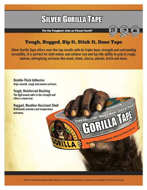 Silver Gorilla Tape packaging showing double-thick adhesive with reinforced backing for wood, metal, and brick surfaces.