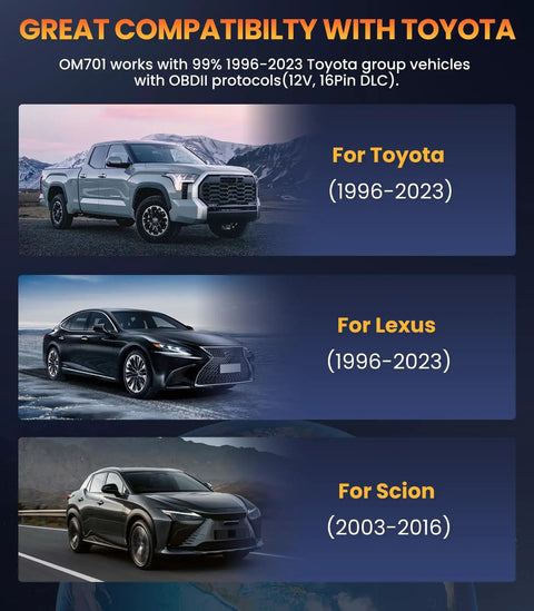 Om701 All Systems OBD2 Scanner All-In-One For Toyota, Lexus, Scion With 15 Plus Resets, great compatibility chart.