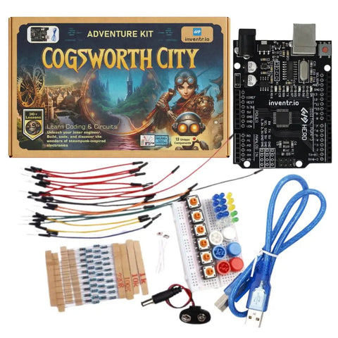 IDE Compatible STEM Learning Kit For Beginners Adventure Kit Cogsworth City with Hero R3 Board, LEDs, sensors, and components