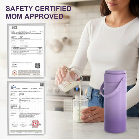 Woman pouring milk into a jar beside a Portable Breast Milk Cooler Bottle With Touch Temp Display And Color Coded Safety Alert For Travel.