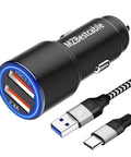 Keep Your Rig Charged Dual Port Car Charger With Quick Charge 3.0 And Six Foot Heavy Duty Nylon Braided USB C Cable For Motorola Phones Universal 12 To 24V Plug And Play Fast Fueling On The Road, black aluminum car charger with blue LED indicator and braided USB cable.