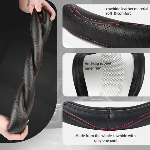 Custom Fit Steering Wheel Cover For Tesla Cybertruck 2024 Plus Genuine Whole Cowhide Leather showing anti-slip rubber inner ring and seamless design.