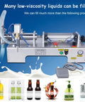 Built Strong Single Head Pneumatic Bottle Filling Machine Runs Smooth With Zero Drip Stainless Nozzles And Simple Auto Manual Foot Switch Operation Perfect For Small Batch Liquids Up To Five Liters showing a stainless steel unit with foot switch and various filled bottles.