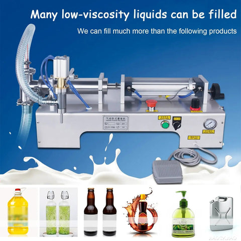 Built Strong Single Head Pneumatic Bottle Filling Machine Runs Smooth With Zero Drip Stainless Nozzles And Simple Auto Manual Foot Switch Operation Perfect For Small Batch Liquids Up To Five Liters showing a stainless steel unit with foot switch and various filled bottles.