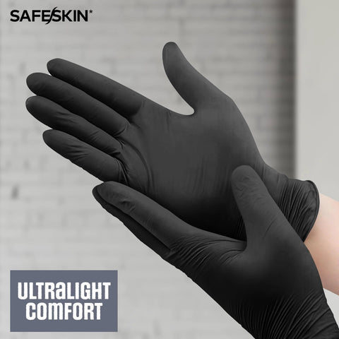 Safeskin ultralight black nitrile disposable gloves, X-Large, 2.0 mil, powder-free, worn on hands (front view)