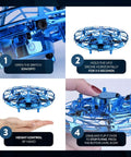 Instructions for using Intelli UFO Hover Drone With Motion Sensing, showing activation, holding, control, and landing steps.