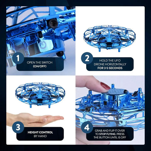 Instructions for using Intelli UFO Hover Drone With Motion Sensing, showing activation, holding, control, and landing steps.