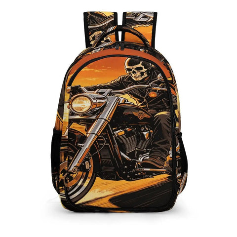 Sunset Rider Printed Unisex Backpack With Large Capacity, Durable Polyester, Breathable Design, features motorcycle skull print