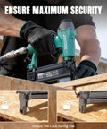 Rock Solid 18 Gauge Pneumatic Brad Nailer And 2 In 1 Air Staple Gun in use, fastening wood, showcasing lock mechanism for safety.