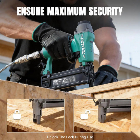 Rock Solid 18 Gauge Pneumatic Brad Nailer And 2 In 1 Air Staple Gun in use, fastening wood, showcasing lock mechanism for safety.