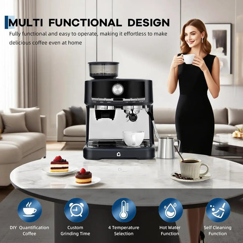 Smooth Operator Espresso Maker With Built In Grinder And Silky Milk Frother, 20 Bar Pressure Coffee Brewer on a modern table.