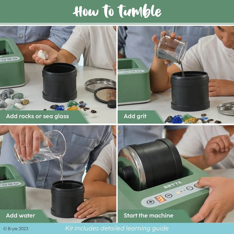 Steps showing how to use Rock Tumbler And Tumbling Machine Mint Green 3 Speed Direct Drive With 9 Day Timer And Quiet Cooling Motor.