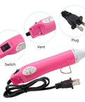 Portable Hot Air Gun For DIY Projects, Pro Grade Heat Shrink Tool, pink design, showing side view with switch, vent, plug