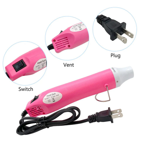 Portable Hot Air Gun For DIY Projects, Pro Grade Heat Shrink Tool, pink design, showing side view with switch, vent, plug