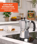 Stovetop Cast Aluminum 9 Cup Moka Pot Coffee Maker with cool-touch handle and flip-top on a kitchen counter