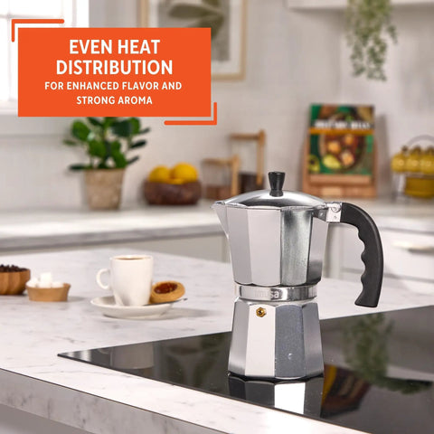 Stovetop Cast Aluminum 9 Cup Moka Pot Coffee Maker with cool-touch handle and flip-top on a kitchen counter