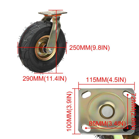 Beefy Heavy Duty Swivel Caster Wheels With Side Brake, pneumatic fixed casters, industrial-grade plate casters dimensions shown