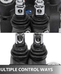 Two-spool hydraulic directional control valve, black metal body with silver SAE port fittings.