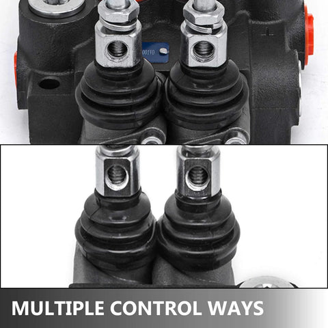 Two-spool hydraulic directional control valve, black metal body with silver SAE port fittings.