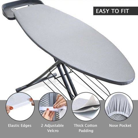Extra Wide Ironing Board Cover And Pad For 49 By 18 Inch Boards, silicone coated, elastic edges, adjustable velcro, nose pocket.