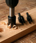 Straight Up Heavy Duty Tapered Plug Cutters Three Piece HSS Set in use on wood, showcasing precision drilling and clean cuts.