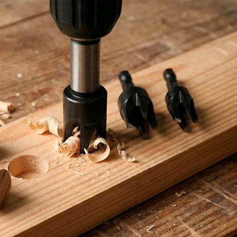 Straight Up Heavy Duty Tapered Plug Cutters Three Piece HSS Set in use on wood, showcasing precision drilling and clean cuts.