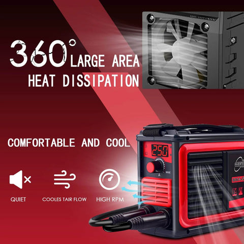 Upgraded MMA-250A 110V Portable Stick Welder With IGBT Inverter featuring digital LCD, heat dissipation fan, and cooling airflow.