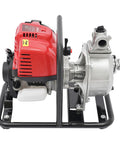 Top Shelf Heavy Duty Four Stroke Gasoline Water Transfer Pump delivering kickin high pressure output, red engine with steel frame.